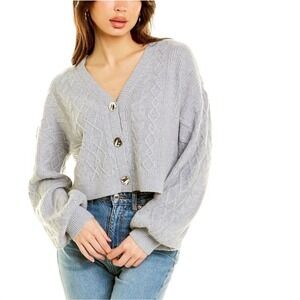 CAMI NYC Darcy Cardigan Small Gray Merino Wool Cable Knit Cropped Balloon Sleeve